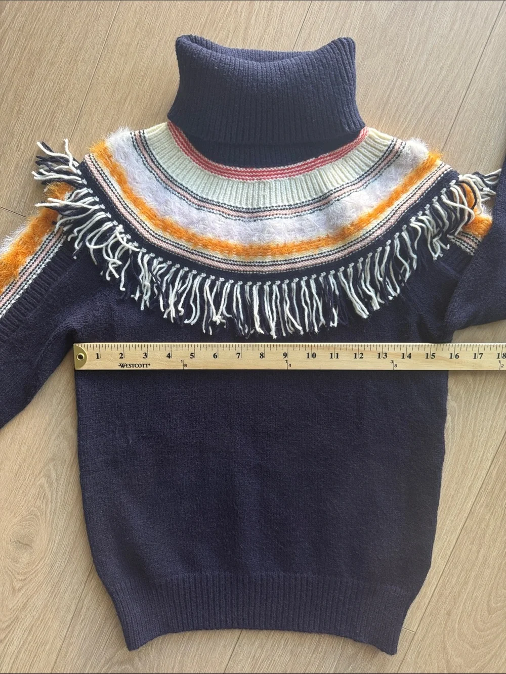By Anthropologie Margherita Nordic Sweater Blue Fringe Size S